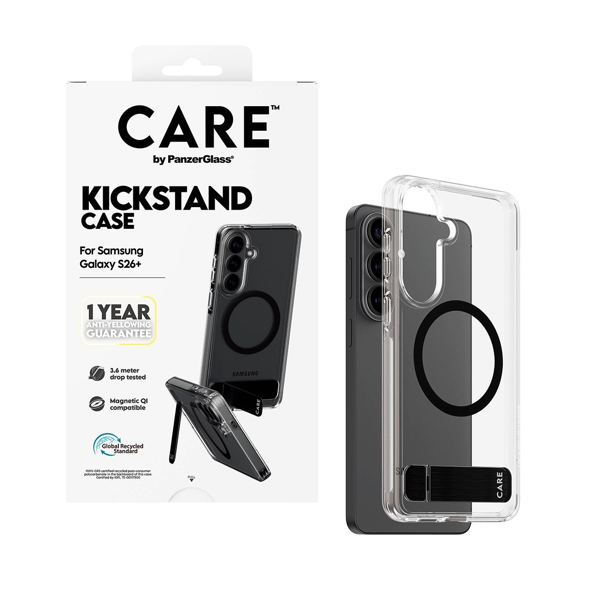 CARE™ by PanzerGlass® Urban Explorer Case Transparent m. Schwarz Kickstand & Qi Samsung Galaxy S26+